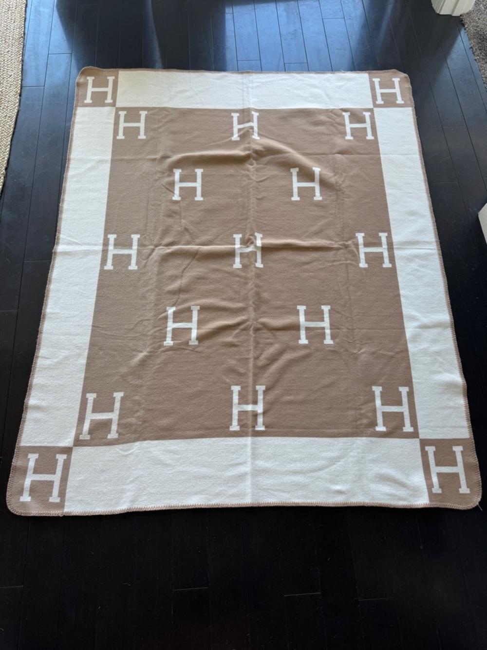 Soft Wool Neutral H Monogram Throw- double sided taupe / white